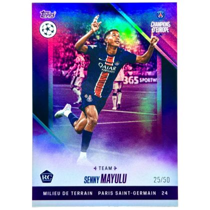 Senny Mayulu 2024-25 Topps Paris Saint-Germain Champions d’Europe Purple Rookie 25/50 PSG