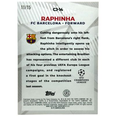 Raphinha 2023-24 Topps Chrome - Purple 11/15 #CJ-14 Craque do Jogo FC Barcelona