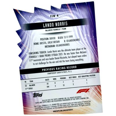 Lando Norris 2024 Topps Finest Formula 1 - Finsihers Die-Cut 72/74 SSP #FIN-4 Mclaren