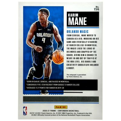Karim Mane 2020-21 Panini Contenders - Rookie Ticket RC AUTO #156 Orlando Magic
