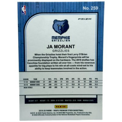 Ja Morant 2019-20 Panini NBA Hoops - Premium Stock Green Prizm Rookie RC #259 Memphis Grizzlies