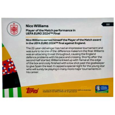 Nico Williams 2024 Topps Now - Player of the match Uefa EURO 2024 Final #60 Spania