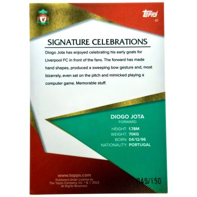 Diogo Jota 2021-22 Topps Liverpool Chrome - Signature Celebrations TEAL 49/150 #41 