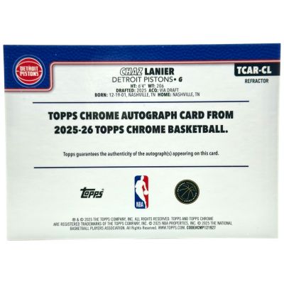 Chaz Lanier 2025-26 Topps Chrome NBA - On Card Auto Refractor Rookie RC #TCAR-CL Detroit Pistons