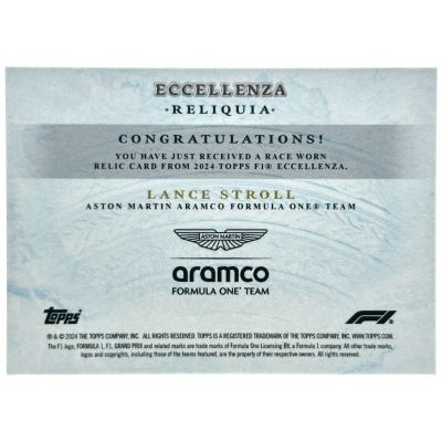Lance Stroll 2024 Topps Formula 1 Eccellenza - Reliquia Race Worn PATCH BLUE 18/49 Aston Martin