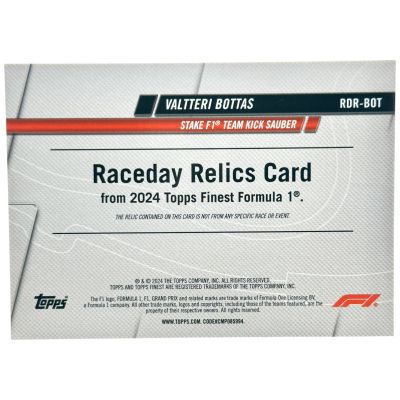 Valtteri Bottas 2024 Topps Finest Formula 1 - Raceday Relics Blue Refractor 10/75 #RDR-BOT Kick Sauber