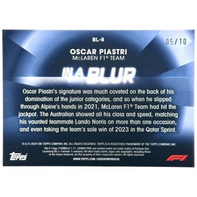 Oscar Piastri 2025 Topps Paddock Pass - In a Blur 5/10 #BL-8 McLaren 