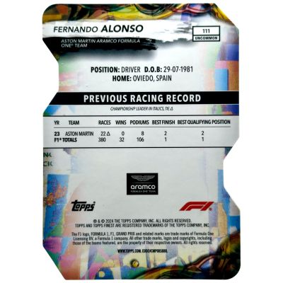 Fernando Alonso 2024 Topps Finest Formula 1 Uncommon Die-Cut 27/75 #111