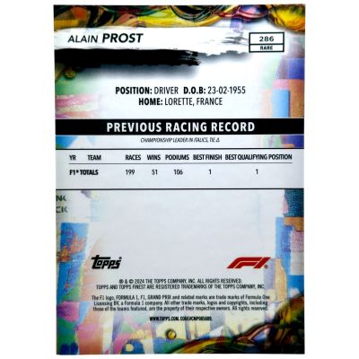 Alain Prost 2024 Topps Finest Formula 1 - Rare BLACK Refractor 15/15 #286 