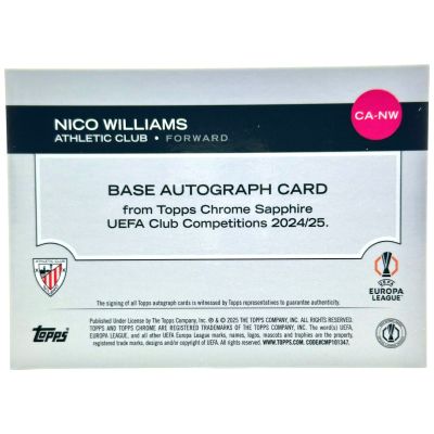 Nico Williams 2024-25 Topps Chrome UCC Sapphire - AUTO 27/99 #CA-NW Athletic Bilbao