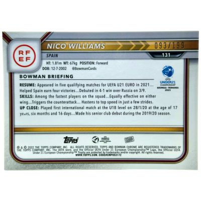Nico Williams 2022 Topps Chrome 1st Bowman #131 93/199 Spania