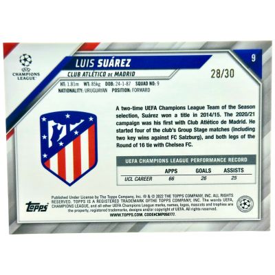 Luis Suarez 2021 Topps UCL 1st Edition - Blue Inferno Foil 28/30 #9 Atletico Madrid