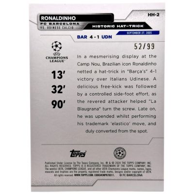 Ronaldinho 2023 Topps UEFA Club Competitions Historic Hat Tricks 52/99 #HH2 FC Barcelona