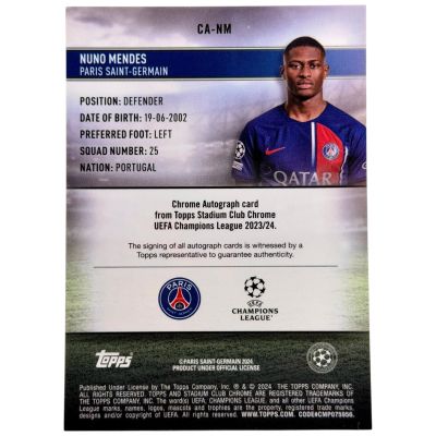 Nuno Mendes 2023-24 Topps Chrome Stadium UCL - AUTO #CA-NM PSG