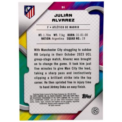 Julian Alvarez 2024-25 Topps Finest UCC - 92/99 #91 Atletico Madrid