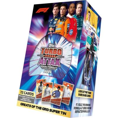 Topps F1 Turbo Attax Formula 1 2026 – Super Tin Greats of the Grid – 72 Carduri + 8 Carduri Exclusive