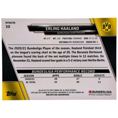 Erling Haaland 2021-22 Topps Chrome Bundesliga - Refractor #30 BVB Dortmund