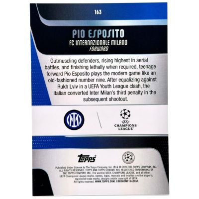 Pio Esposito 2025-26 Topps Chrome UCC – RC Rookie Aqua 005/299 #163 – Inter Milan