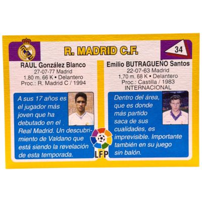 Raul Rookie / Butragueno 1994 Las Fichas de la Liga 1994-95 Mundicromo #34 Real Madrid