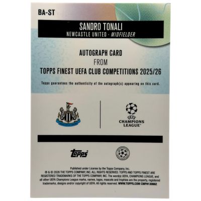 Sandro Tonali 2025-26 Topps Finest UCC AUTO 36 /150 #BA-ST Newcastle United