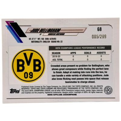 Jude Bellingham 2020-21 Topps Chrome UCC Yellow Mini-Diamond Refractor RC 5/299 #68 Borussia Dortmund