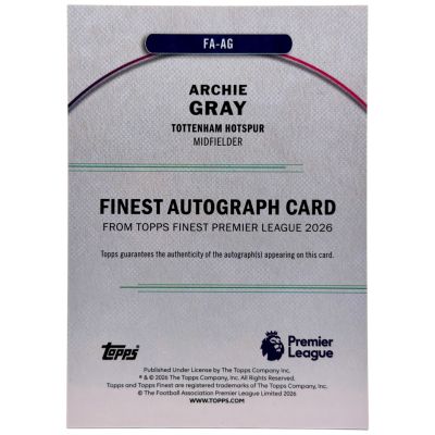 Archie Gray 2026 Topps Finest Premier League AUTO #FA-AG Totenham