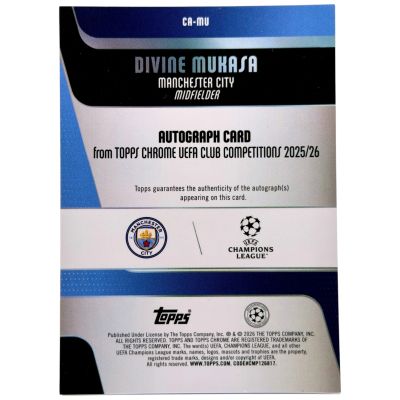 Divine Mukasa 2025-26 Topps Chrome UCC  RC AUTO #CA-MU Manchester City