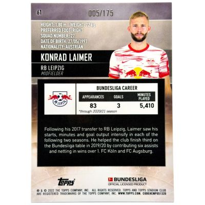 Konrad Laimer 2021-22 Topps Stadium Club Chrome Bundesliga 5 /175 RB Leipzig