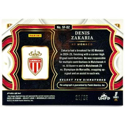 Denis Zakaria 2025-26 Panini Select Ligue 1 Prizm AUTO 21 /25 AS Monaco