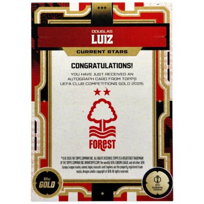 Douglas Luiz 2026 Topps UEFA Club Competitions Gold AUTO Nottingham Forest