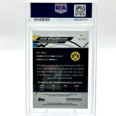 Jude Bellingham 2022-23 Topps Finest Bundesliga - AUTO PURPLE Refractor 74/99 #42 Bvb Dortmund PSA 8