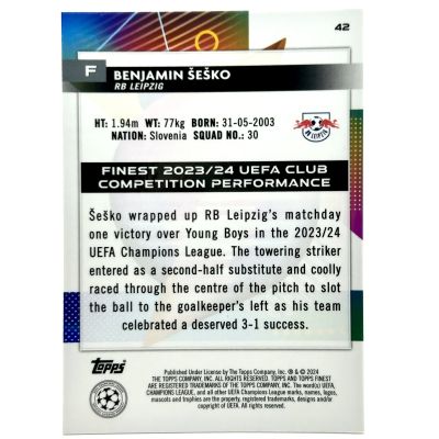 Benjamin Sesko 2023-24 Topps Finest UEFA Club Competitions - ORANGE 19/25 #42 Leipzig