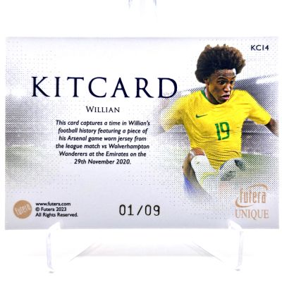 Willian 2023-24 Futera Unique World Football - KITCARD RELIC SAPHIRE 01/09 #KC14 Arsenal