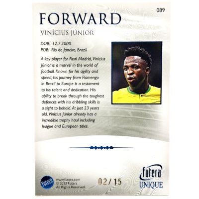 Vini Jr 2023 Futera Unique World Footbal - Forward SAPPHIRE 02/15 #089 Brasil