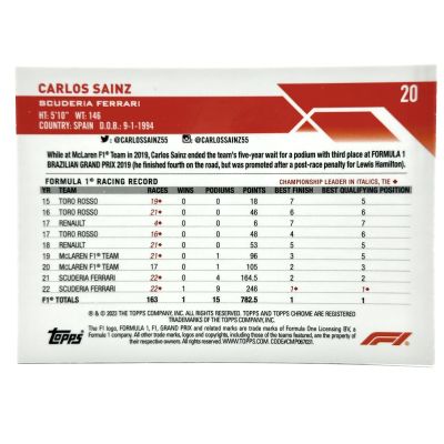Carlos Sainz 2023 Topps Chrome Formula 1 - F1 Cars Purple Checker Flag X-Fractor 127/199 #20 Ferrari