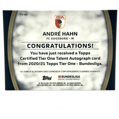 Andre Hahn 2020-21 Topps Tier One Bundesliga - Talent AUTO 093/100 #TT-AH FC Augsburg