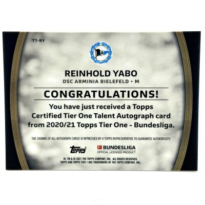 Reinhold Yabo 2020-21 Topps Tier One Bundesliga - Talent AUTO 040/100 #TT-RY Arminia Bielefeld