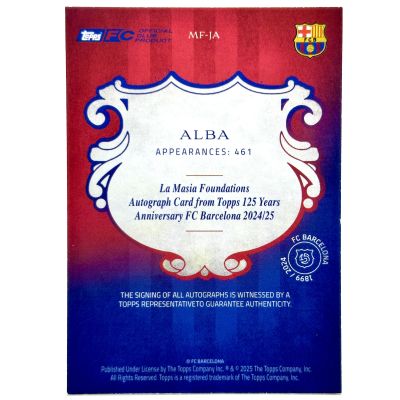 Jordi Alba 2024-25 Topps Barcelona 125 Anniversary - La Masia AUTO Blue 55/75 #MF-JA