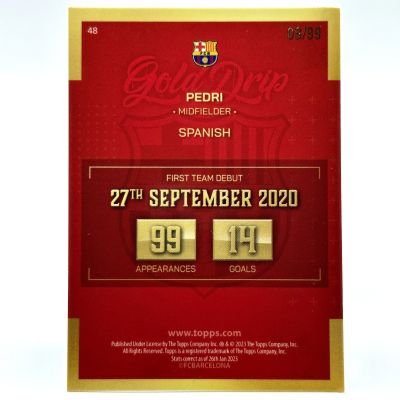 Pedri 2022-2023 Topps FC Barcelona Team Set - Gold Drip Purple Holo 09/99 #48