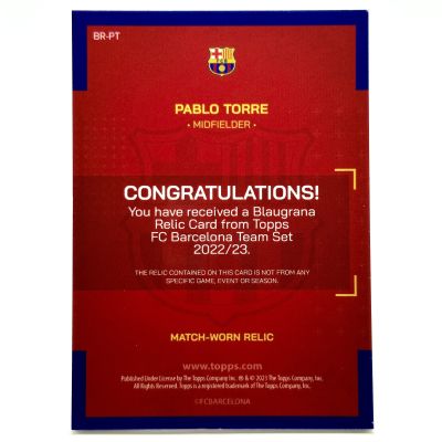 Pablo Torre 2023-24 Topps FC Barcelona Team Set - Match Worn Relic Rookie RC #BR-PT