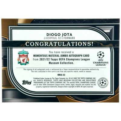 Diogo Jota 2021-22 Topps Museum UCL - AUTO Match Used Patch 126/150 #MMJA-DJ FC Liverpool