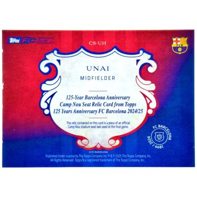 Unai Hernandez 2024-25 Topps Barcelona 125 Anniversary - Camp Nou Seat Relic Blue 05/75 Rookie RC #CS-UH