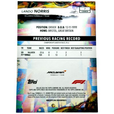Lando Norris 2024 Topps Finest Formula 1 - Common Blue 162/200 #7 Mclaren