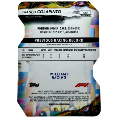 Franco Colapinto 2024 Topps Finest Formula 1 - Uncommon Die-Cut Rookie RC 62/75 #120 Williams