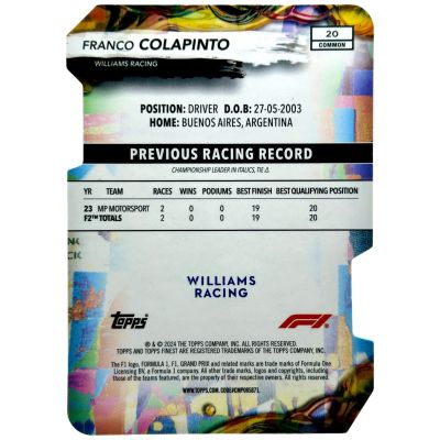 Franco Colapinto 2024 Topps Finest Formula 1 - Common Die-Cut Rookie RC 13/99 #20 Williams