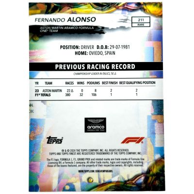 Fernando Alonso 2024 Topps Finest Formula 1 - Rare Gold 19/20 #211 Aston Martin