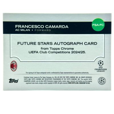 Francesco Camarda 2024-25 Topps Chrome UCC - Future Stars AUTO Aqua 080/199 #FSA-FC AC Milan