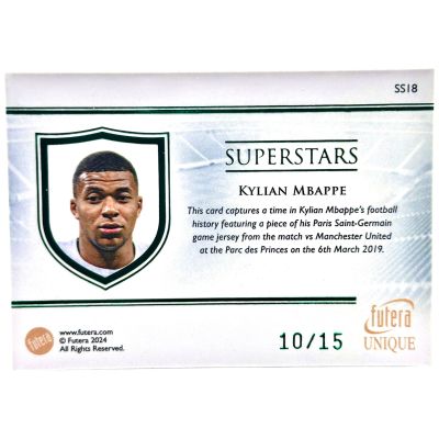 Kylian Mbappe 2024 Futera Unique World Football - Superstars Match Worn RELIC 10/15 PSG
