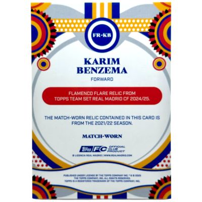 Karim Benzema 2024-25 Topps Real Madrid Team Set - Player Worn PATCH 050/250 #FR-KR