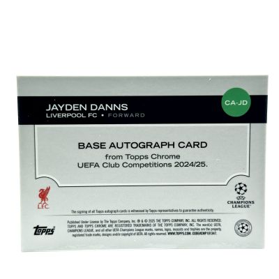 Jayden Danns 2024-25 Topps Chrome UCC - AUTO Rookie RC Aqua 138/199 Liverpool FC
